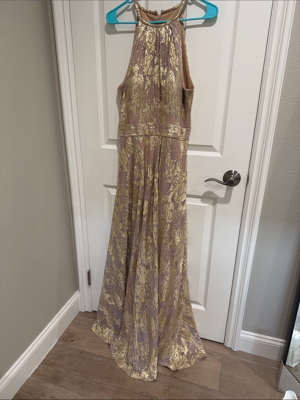 AQUA Gold Leaf Metallic Taupe Halter Wedding Dress